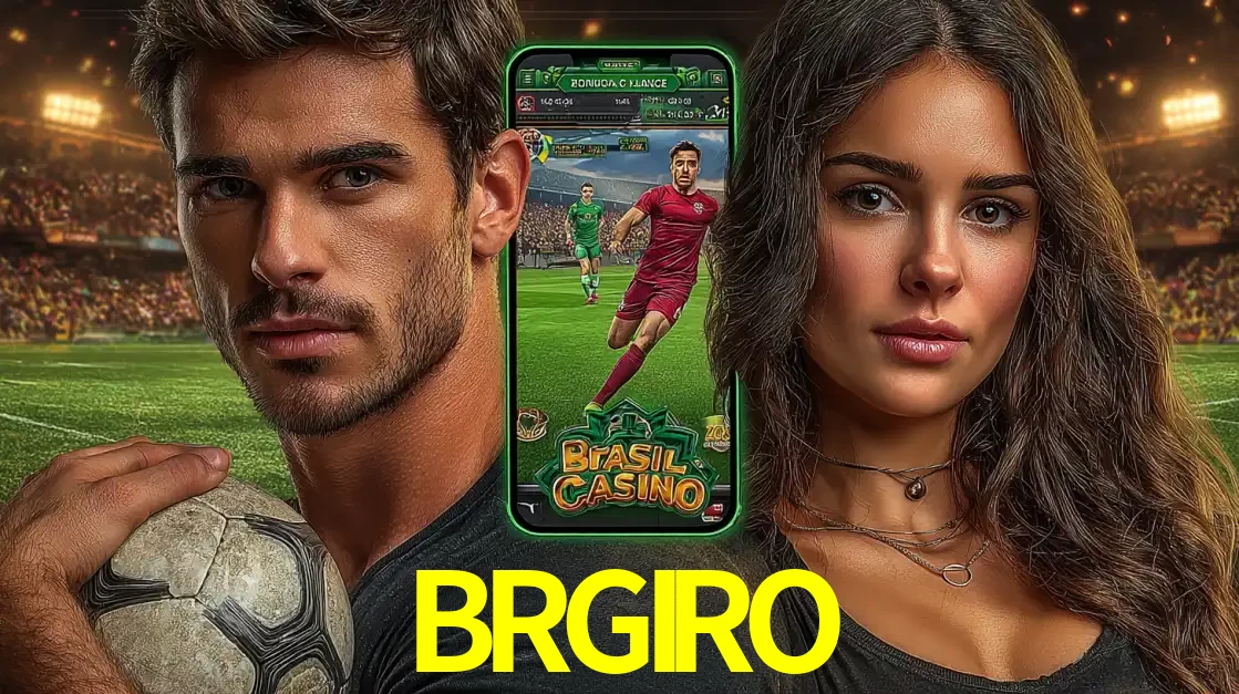 Homem segurando uma bola de futebol e uma mulher ao lado de um smartphone exibindo o jogo de apostas esportivas da BRGIRO. Faça seu palpite no cassino online.